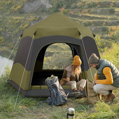 Outsunny Six Man Hexagon Camping Tent with Hang Hook and Carry Bag - Dark Green and Light Grey 