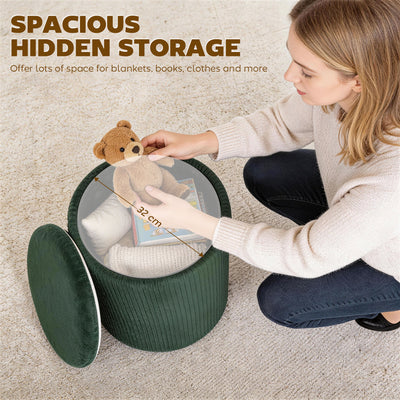 HOMCOM Storage Ottoman Modern Velvet Round Foot Stool for Living Room Bedroom 45 cm Dark Green 