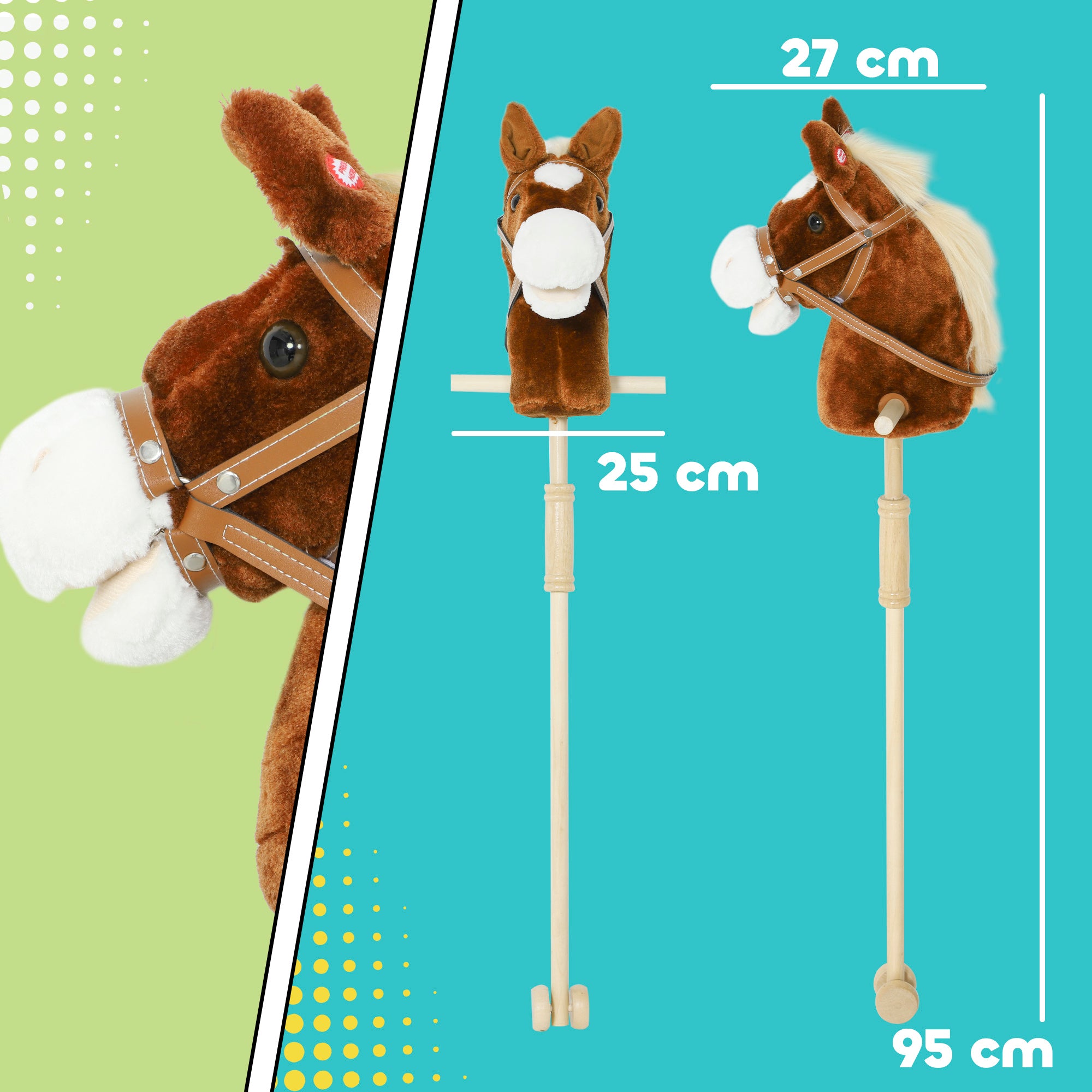 AIYAPLAY Stick Horse with Wood Wheels, Real Pony Neighing and Galloping Sounds, Grip Handle, 95 cm, Brown 