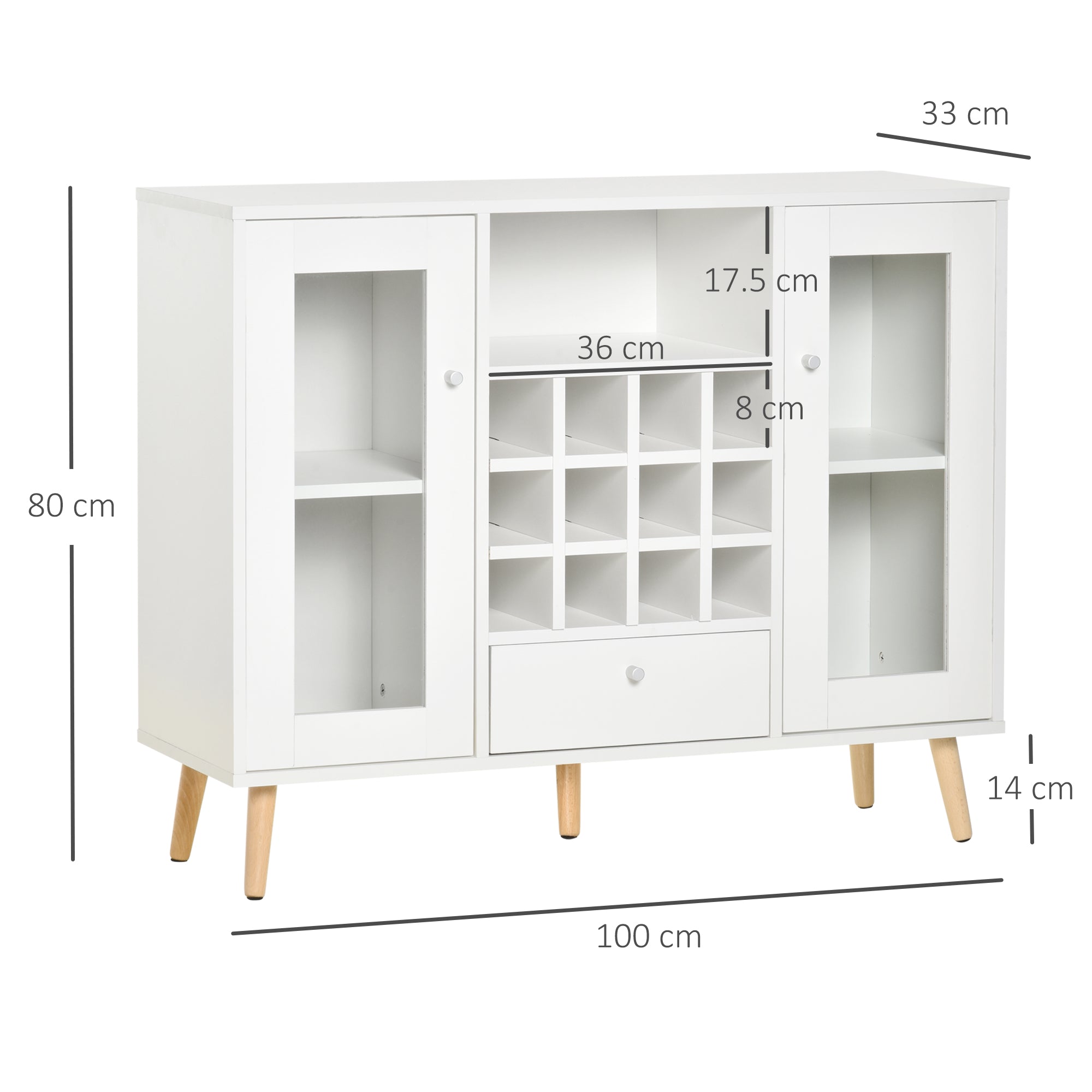 HOMCOM Modern Sideboard Storage Cabinet Kitchen Cupboard Dining Bar Server with Glass Doors, Drawer & 12-Bottle Wine Rack for Living Room, White 