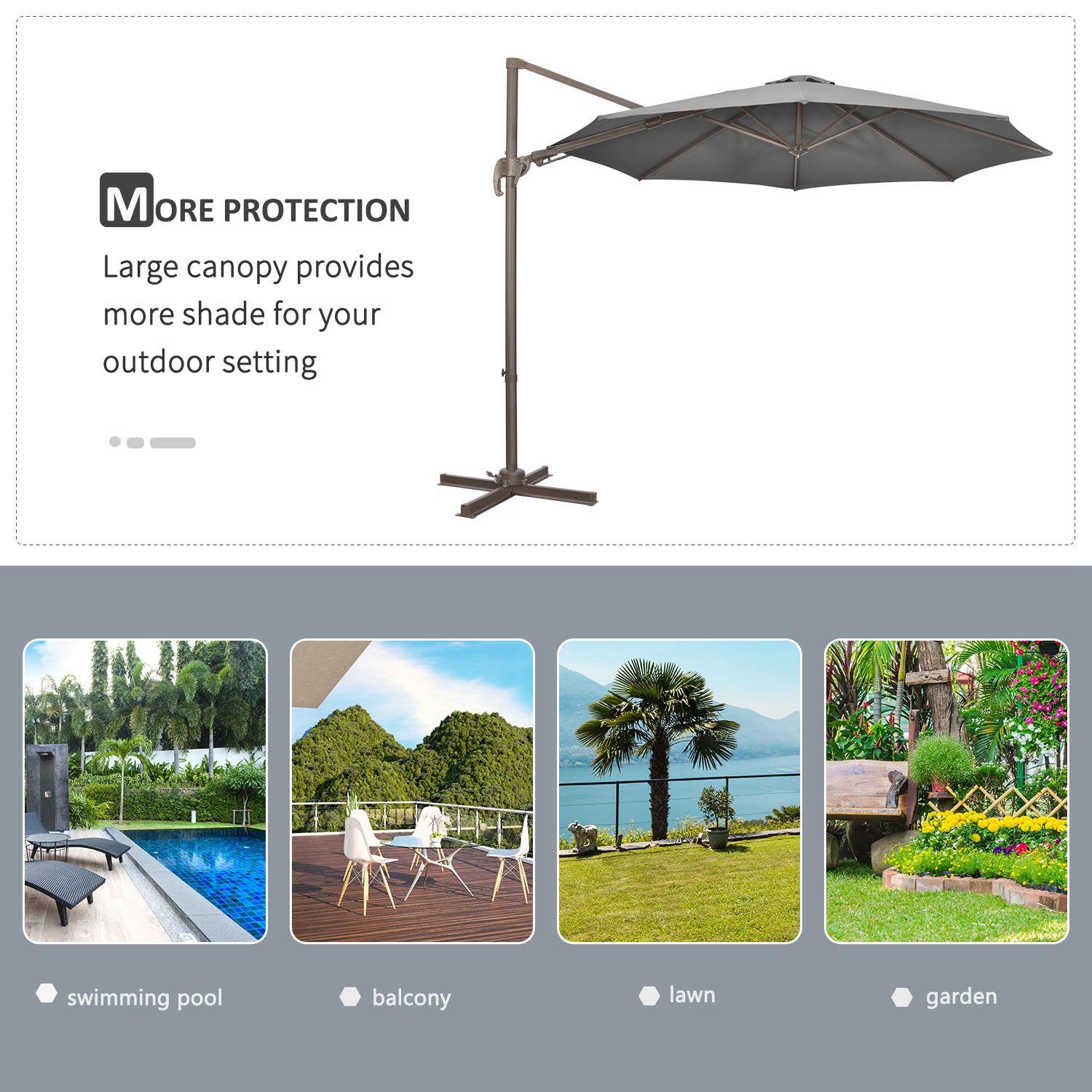 Outsunny 3(m) Cantilever Parasol 360\'c2\'b0 Rotation Roma Umbrella Hanging Sun Shade with Aluminium Frame, Tilt Crank, 8 Ribs and Cross Base, Dark Grey