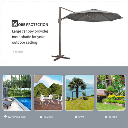 Outsunny 3(m) Cantilever Parasol 360\'c2\'b0 Rotation Roma Umbrella Hanging Sun Shade with Aluminium Frame, Tilt Crank, 8 Ribs and Cross Base, Dark Grey