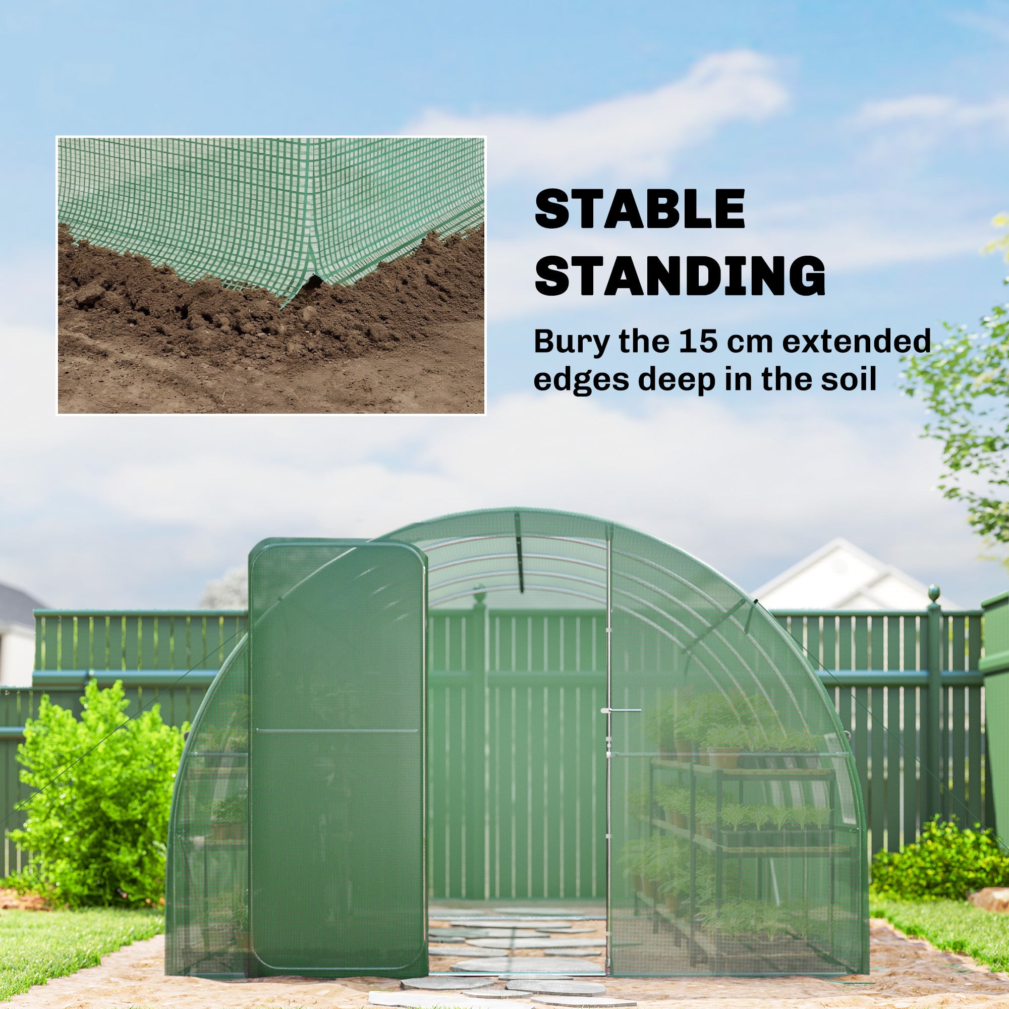 Outsunny 3 x 4 m Walk-in Polytunnel Greenhouse with Hinged Door and 8 Roll Up Mesh Windows, Garden Tunnel Warm House Tent, Green 