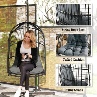Outsunny Hanging Egg Chair, Foldable Rattan Garden Swing Chair with Installation Kit, Thickened Cushion and Headrest, Indoor Outdoor Hanging Egg Basket Seat for Patio, Porch, Dark Grey 