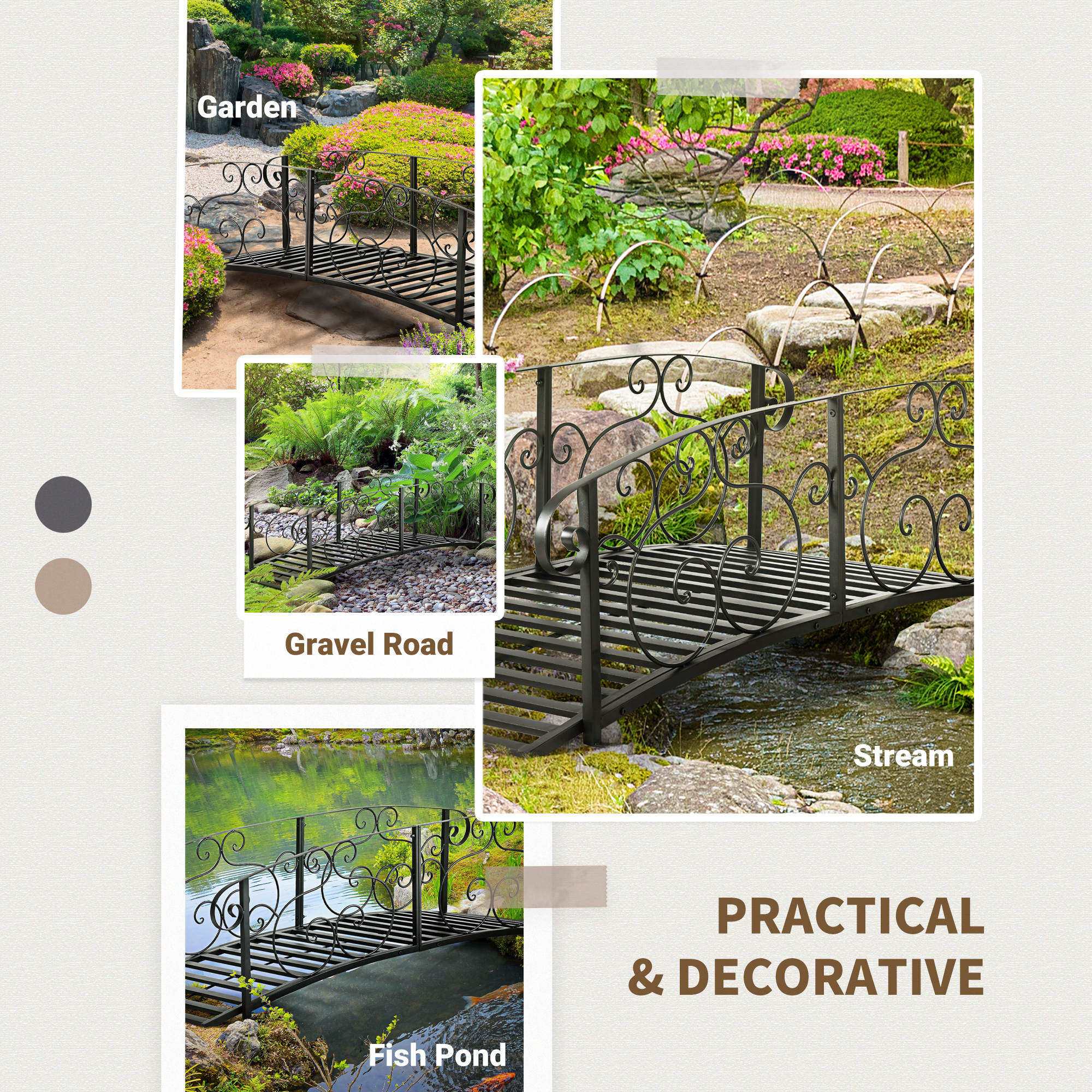 Outsunny 184cm Metal Arch Garden Garden Bridge, Safety Siderails, Arc Footbridge for Garden Creek, Stream, Pond, Black 