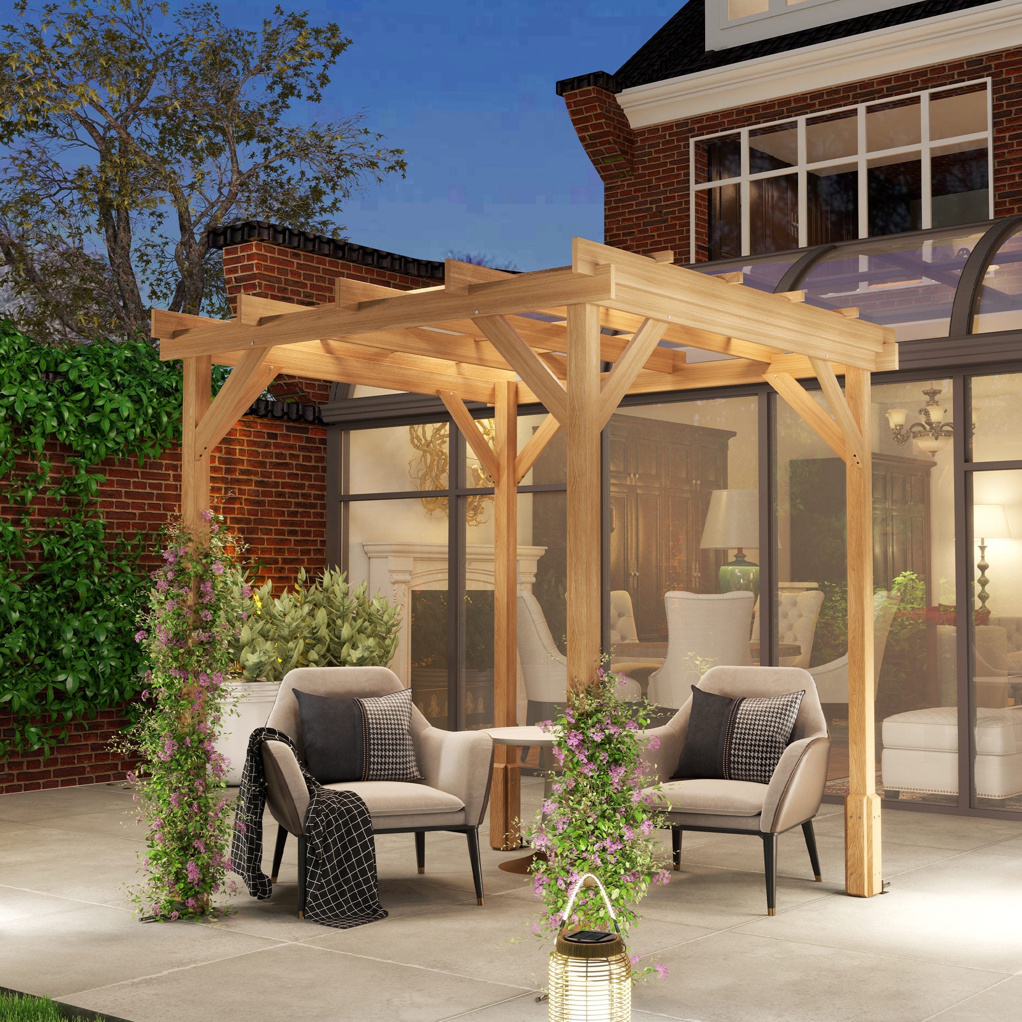 Outsunny 2 x 2m Wooden Pergola Kit, Decorative Garden Gazebo Shelter with Stable Structure for Climbing Vines, Flowers, Dark Brown 