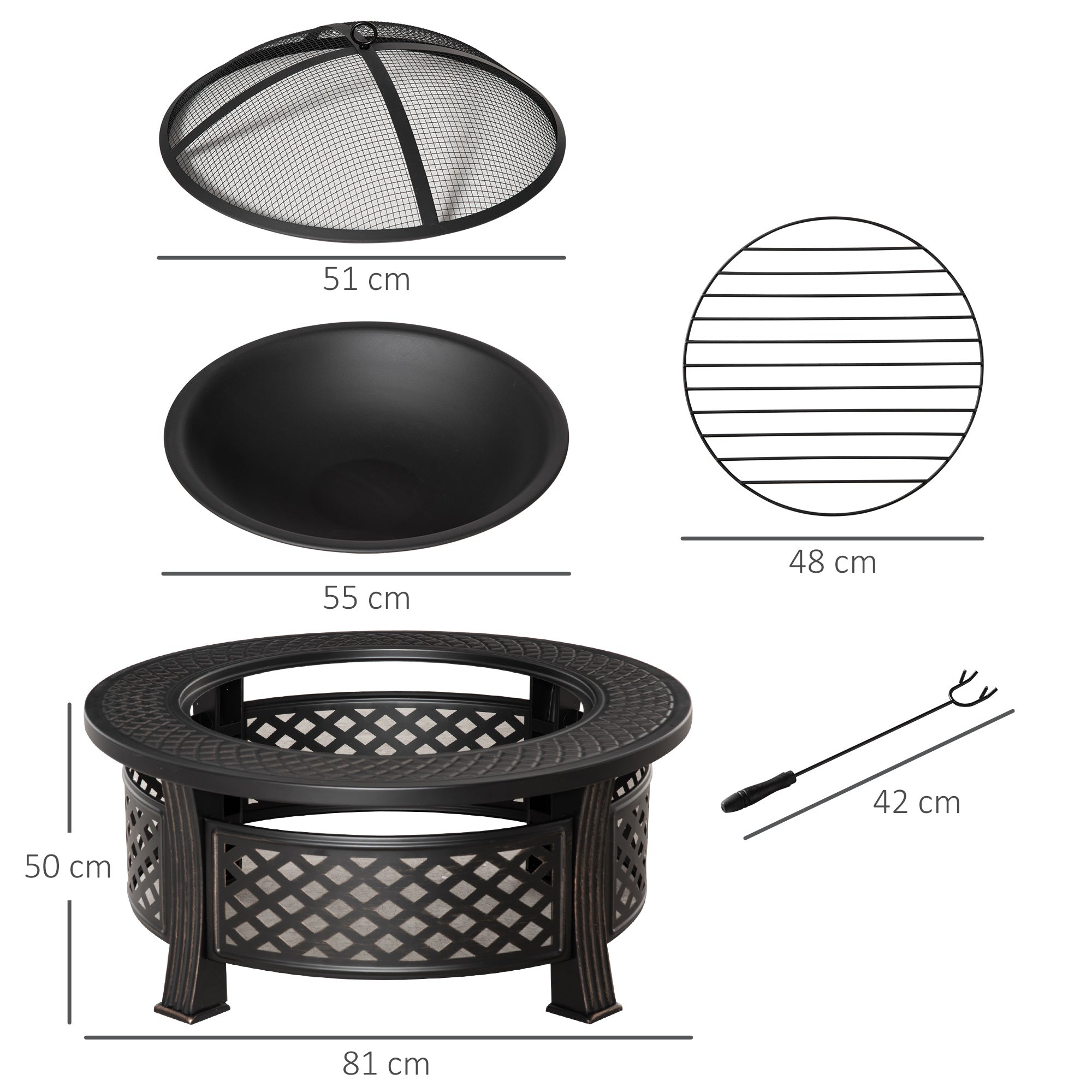 Outsunny Outdoor Fire Pit, Firepit with Grill Net, Mesh Lid, Poker, for Camping, Bonfire, Picnic, Bronze Tone 