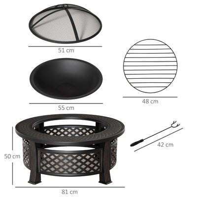 Outsunny Outdoor Fire Pit, Firepit with Grill Net, Mesh Lid, Poker, for Camping, Bonfire, Picnic, Bronze Tone 