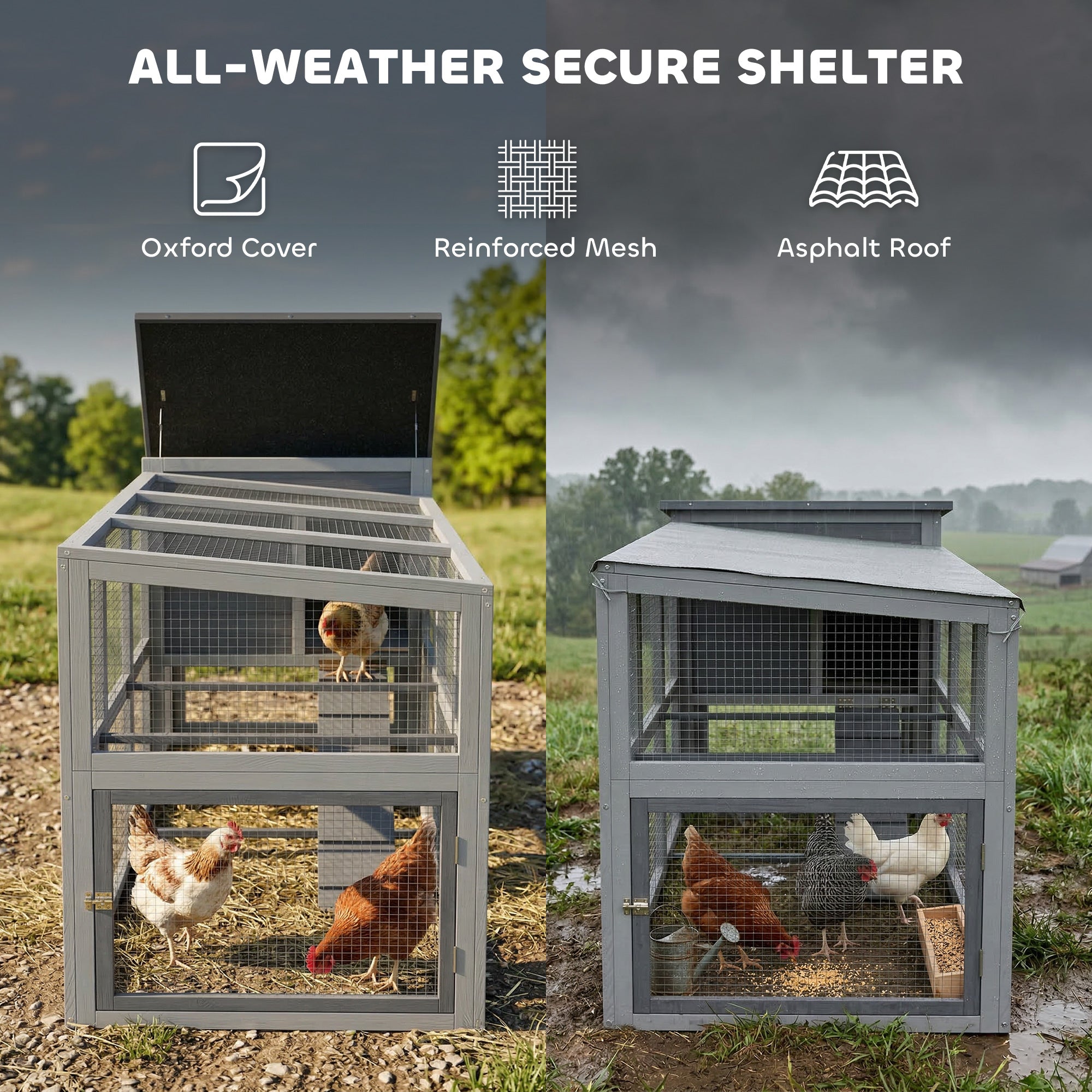 PawHut Large Chicken Coop, Wooden Hen House with Covered Run, Nesting Box, Pull-Out Tray, Opening Asphalt Roof 