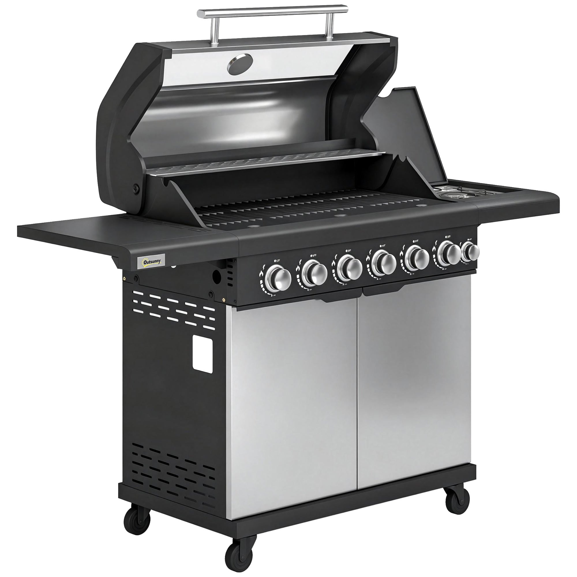 Outsunny 6+1 Burner Gas BBQ Grill, Outdoor Barbecue Trolley with Wheels, Warming Rack, Thermometer, Bottle Opener, Silver Tone 