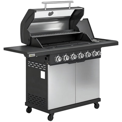 Outsunny 6+1 Burner Gas BBQ Grill, Outdoor Barbecue Trolley with Wheels, Warming Rack, Thermometer, Bottle Opener, Silver Tone 