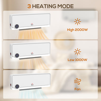 HOMCOM Wall Downflow Heater 2 Heat and Fan 1000W/2000W, Electric Space Heater with Timer Remote Oscillating, for Bedroom Home Office, White 