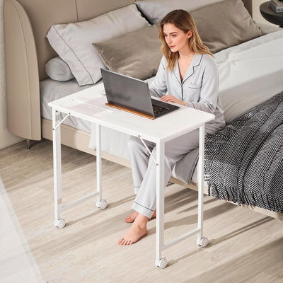 HOMCOM Small Folding Desk, with Wheels - White Wood-Effect 