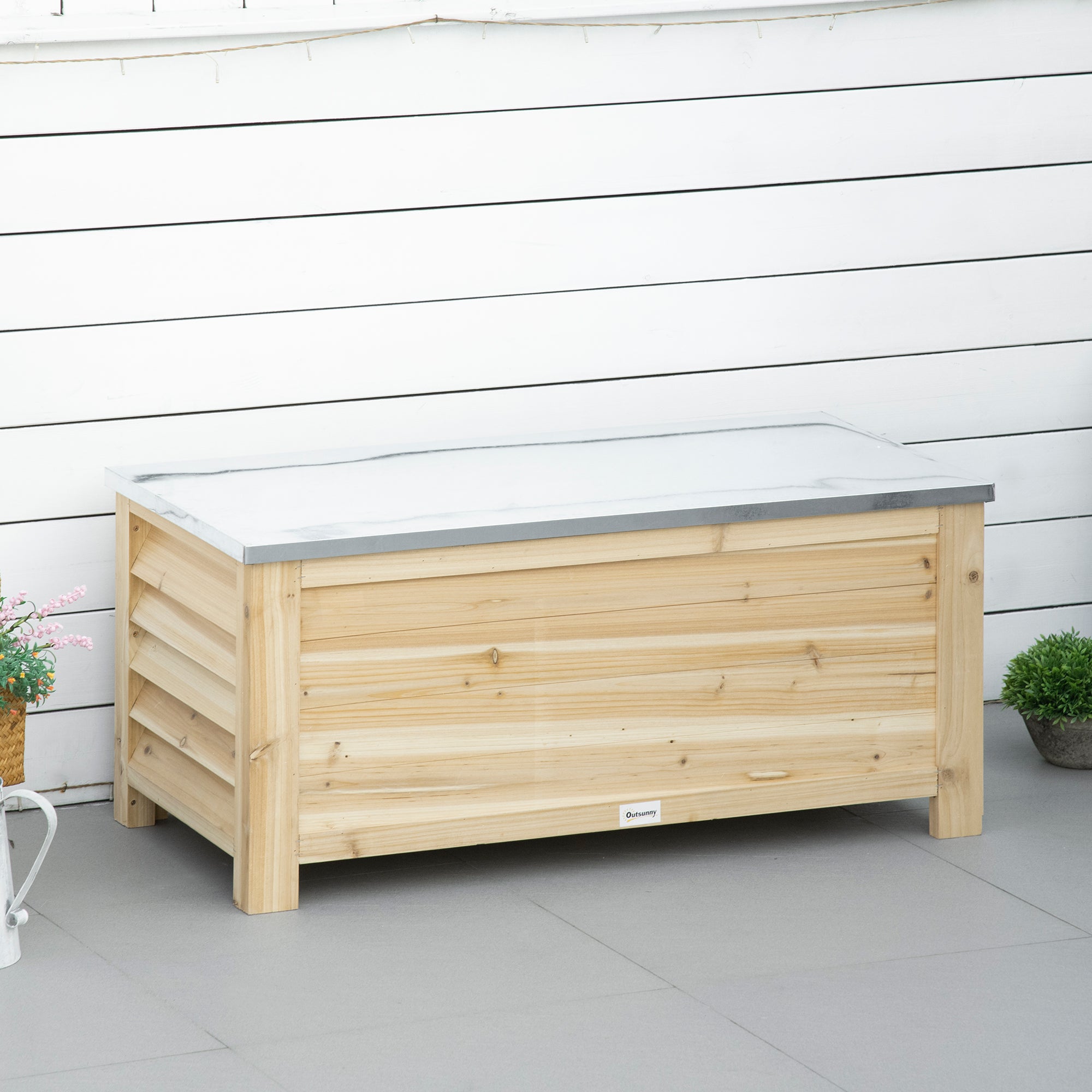 Outsunny 155L Outdoor Storage Box with Metal Top and Shutter Walls, Wooden Outside Tool organiser Container, for Garden, terrace 