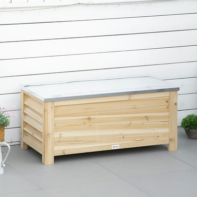 Outsunny 155L Outdoor Storage Box with Metal Top and Shutter Walls, Wooden Outside Tool organiser Container, for Garden, terrace 