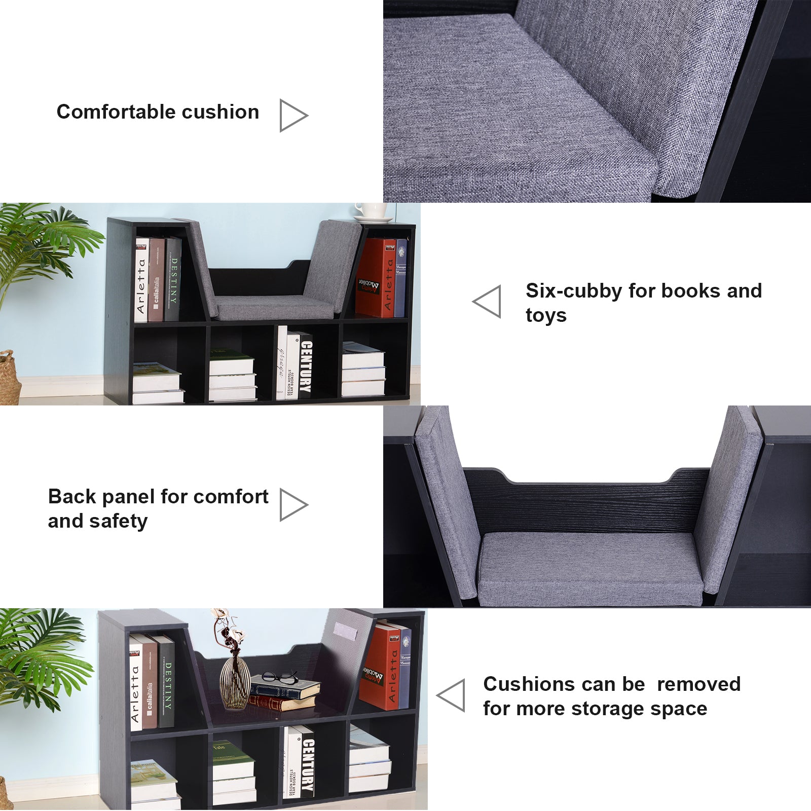 HOMCOM Bookcase Storage Shelf with Cushioned Reading Seat, Cube Bookshelf Organizer for Bedroom Living Room, Black 