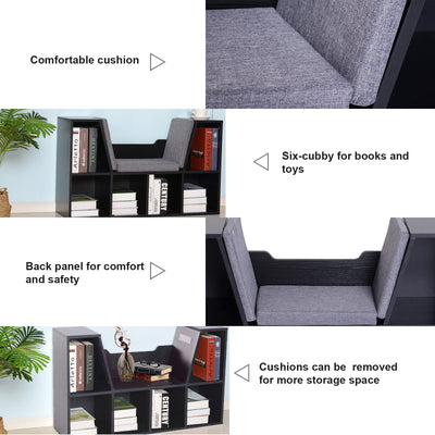 HOMCOM Bookcase Storage Shelf with Cushioned Reading Seat, Cube Bookshelf Organizer for Bedroom Living Room, Black 
