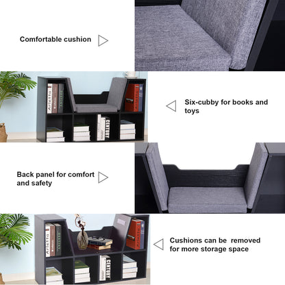 HOMCOM Bookcase Storage Shelf with Cushioned Reading Seat, Cube Bookshelf Organizer for Bedroom Living Room, Black 