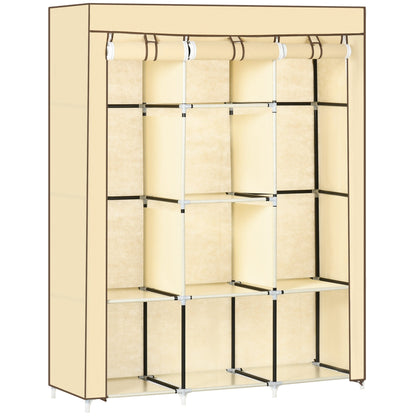 HOMCOM Fabric Wardrobe, Portable Wardrobe, Clothes Storage Unit with 8 Shelves, 2 Hanging Rods, 125 x 43 x 162.5 cm, Beige 
