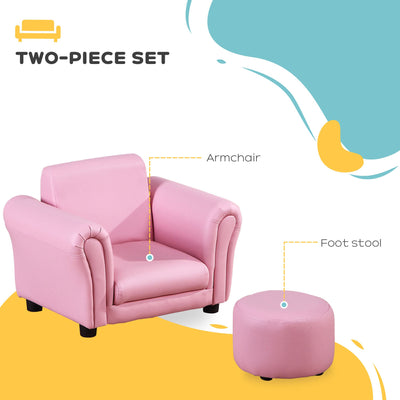 HOMCOM Toddler Chair Single Seater Kids Sofa Set, 54 x 42 x 41cm, Kids Sofa with Stool, Pink 