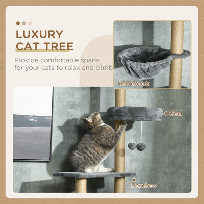 PawHut Floor to Ceiling Cat Tree for Indoor Cats, 6-Tier Play Tower Climbing Activity Center with Scratching Post, Platforms, Bed, Hammock, Adjustable Height 230-250cm, Grey 