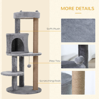PawHut 104 cm Cat Tree, Cat Condo Tree Tower, Cat Activity Centre with Scratching Posts, Plush Perch, Hanging Ball - Grey 