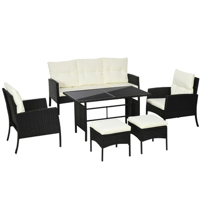 Outsunny 5 Seater Rattan Garden Furniture Set, 2 Armchairs, 3-Seater Wicker Sofa, 2 Footstools and Glass Table, 6 Piece Patio Rattan furniture Sofa Sets with Cushions for Conservatory, White 