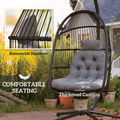 Outsunny Rattan Hanging Egg Chair with Stand, Foldable Wicker Swing Egg Chair with Cushion, Head Pillow, Steel Frame, Hammock Chair for Indoor Outdoor, Capacity 150 kg, Dark Grey 