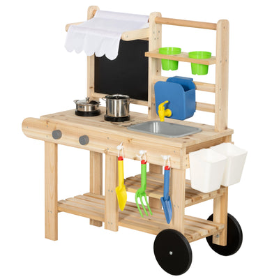 AIYAPLAY Mud Kitchen with Real Water Faucet Pretend Play Kitchen Playset with Sink and Storage Natural Wood 