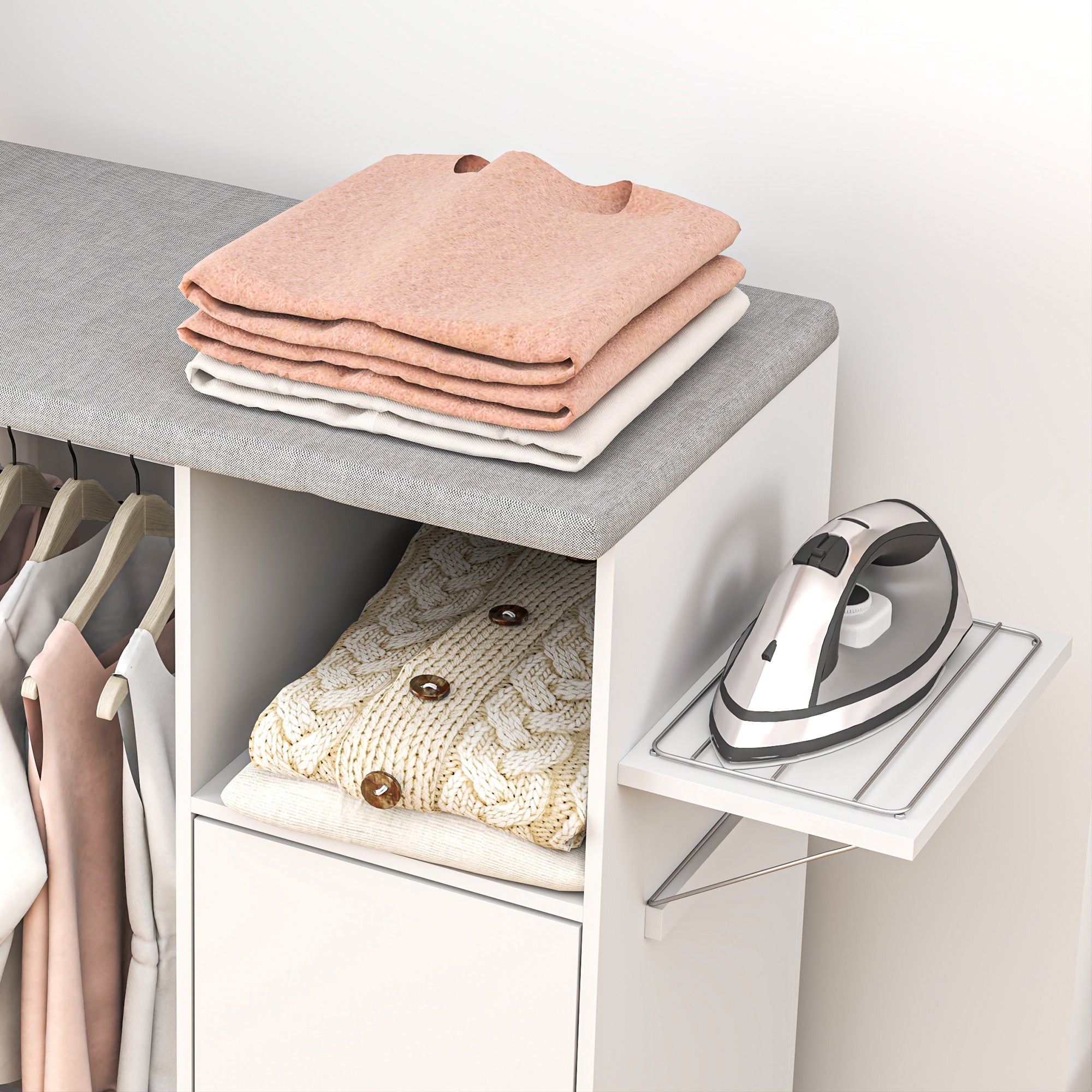 HOMCOM Rolling Ironing Board Cabinet, Foldable Ironing Station with Storage, Wheels for Home, Laundry Room, White 