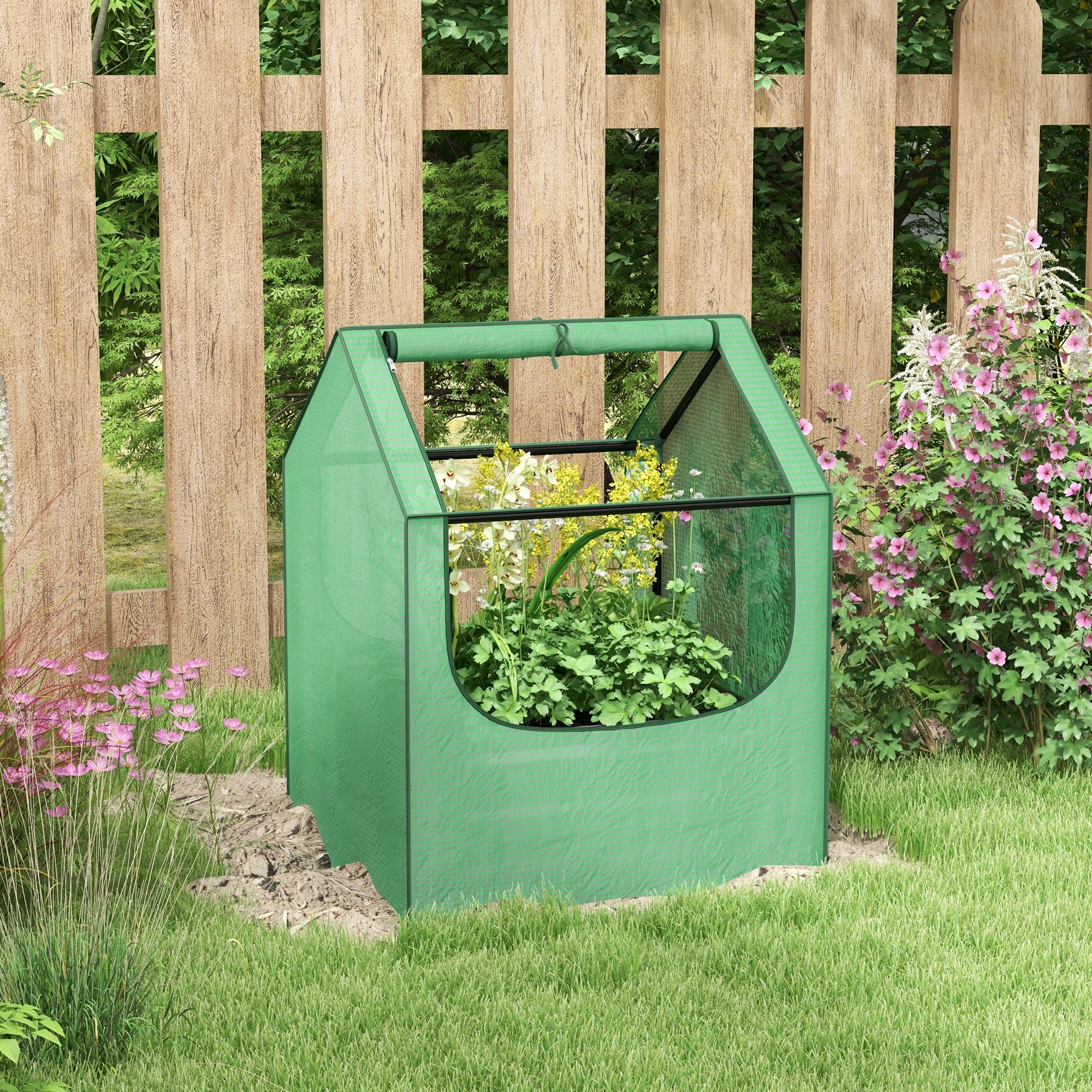 Outsunny 61 x 61cm Garden Planter Bed, with Cover - Green and Silver 
