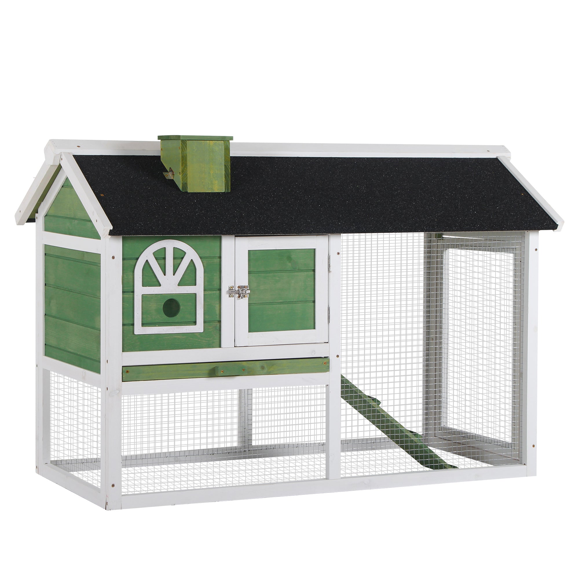 PawHut Wooden Rabbit Hutch and Run with Sliding Tray, Ramp, Water-resistant Roof, for 2-4 Rabbits, Green 