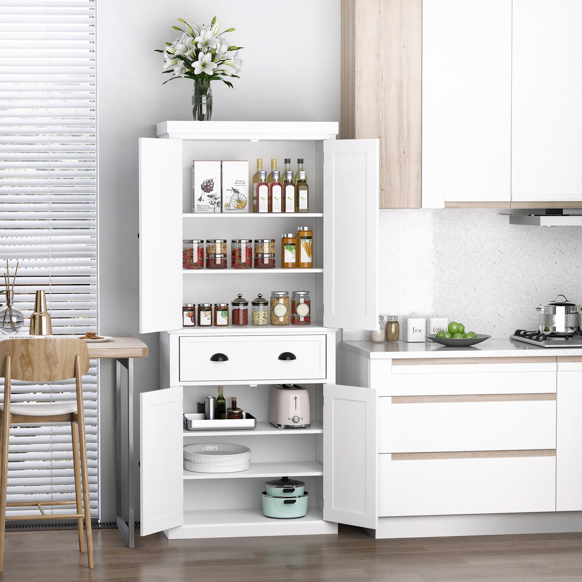 HOMCOM Freestanding Kitchen Cupboard, 184cm Tall Storage Cabinet with Doors and Shelves, Traditional Colonial 4-Door Kitchen Pantry Cupboard with Drawer, White 