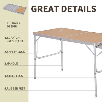 Outsunny Aluminium MDF-Top 4ft Folding Portable Outdoor Table Silver 