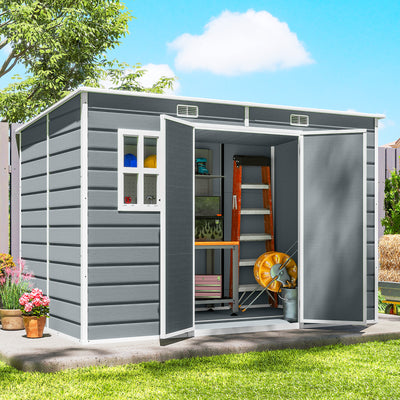 Outsunny 10 x 6 ft Resin Garden Shed, Outdoor Storage Shed with Floor, Windows, Lockable Doors and Vents, Grey 