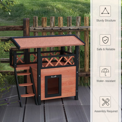 PawHut Cat House Outdoor w/ Balcony Stairs Roof, 77 x 50 x 73 cm, Brown 