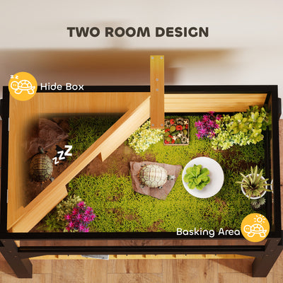 PawHut Wooden Tortoise House with Storage Shelf, Clear Observation Windows, Lamp Holder, Openable Top, Built-in Tray, Yellow 