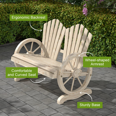 Outsunny Fir Wood Love Seats with Wheel-Shaped Armrests, Large Load-Bearing Chair, Natural Wood Finish 
