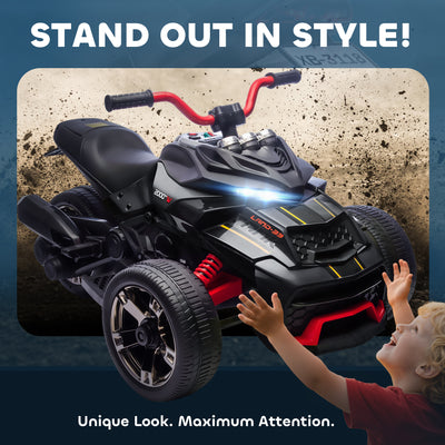AIYAPLAY 12V Kids Electric Ride On Car with 3 Wheeler, MP3 Player, Horn, 2 Speeds, LED Lights for Boys & Girls Ages 3-8, Black 