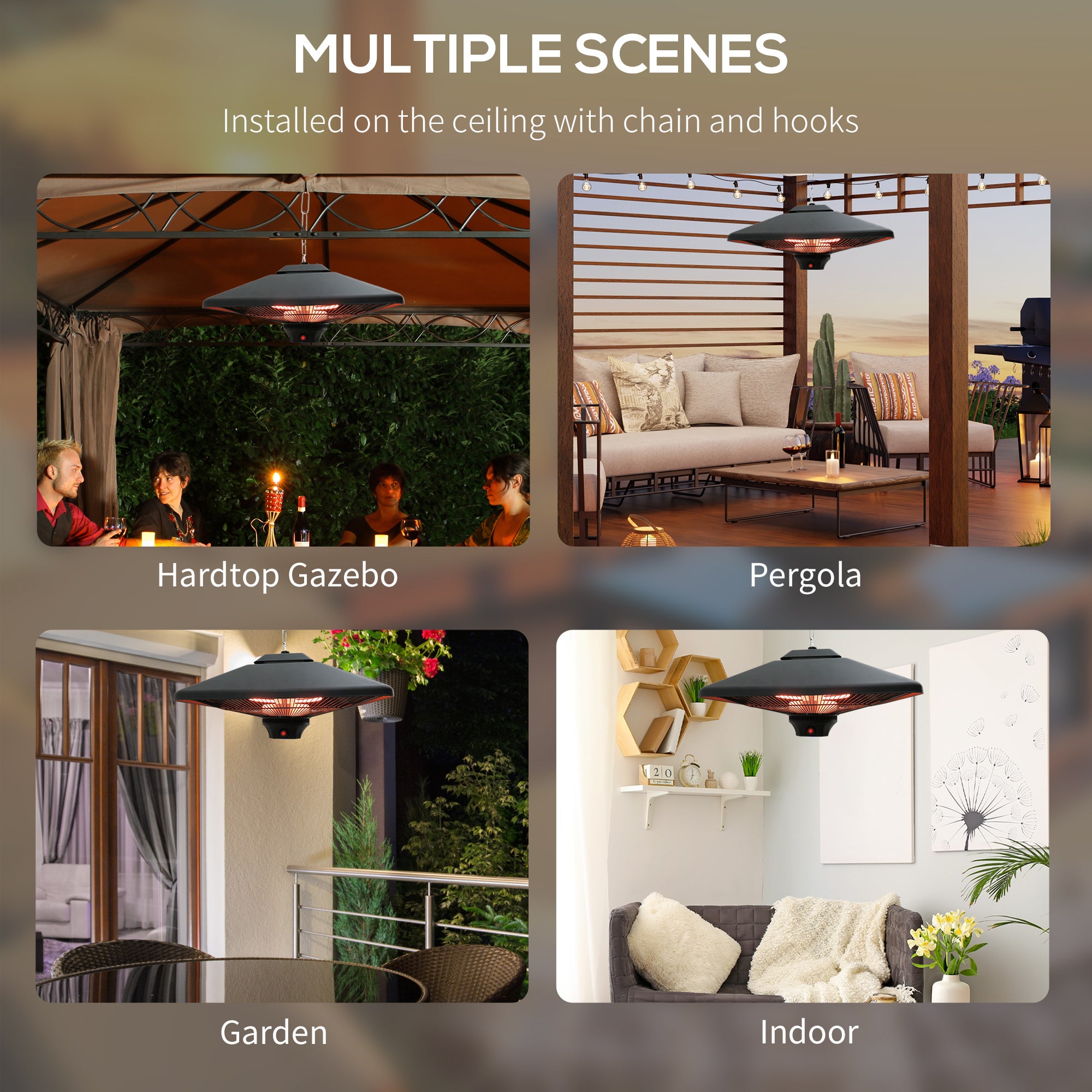 Outsunny Hanging Electric Patio Heater with 2 Power Settings, 1000/2000W Waterproof Ceiling Mounted Aluminium Halogen Infrared Outdoor Heater Warmer with LED Light and Remote Control, Black 