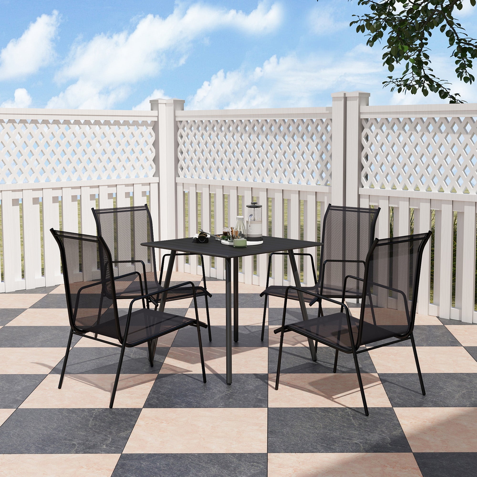 Outsunny Square Garden Table with Slat Top, Steel Frame, Outdoor Table for 4 Person, 80 x 80 x 74 cm, Black 