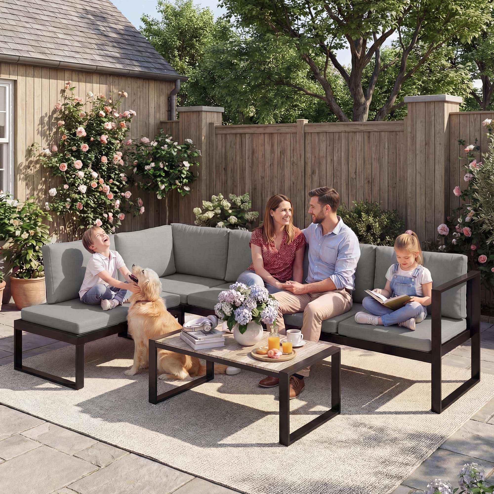 Outsunny 4 Piece Garden Furniture Set, Garden Sofa Set with 2 Loveseats, Armless Chair, Coffee Table for Balcony, Dark Grey 