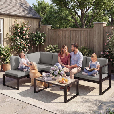 Outsunny 4 Piece Garden Furniture Set, Garden Sofa Set with 2 Loveseats, Armless Chair, Coffee Table for Balcony, Dark Grey 