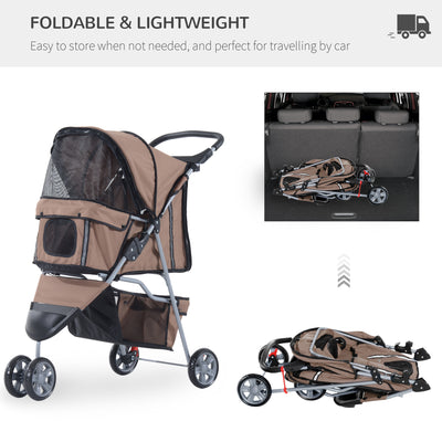 PawHut Dog Stroller with Cover for Small Miniature Dogs, Folding Cat Pram Dog Pushchair with Cup Holder, Storage Basket, Reflective Strips, Brown 