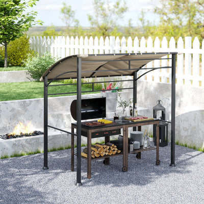 Outsunny 2.2 x 1.5 m BBQ Grill Gazebo Tent, Garden Grill with Metal Frame, Curved Canopy and 10 Hooks, Outdoor Sun Shade, Khaki 