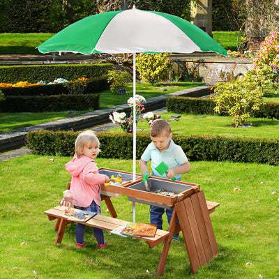 Outsunny Kids Picnic Table with Benches, Wooden Sand and Water Table, Adjustable Parasol, Storage Bins, for Kids 3-6 Years, Brown 