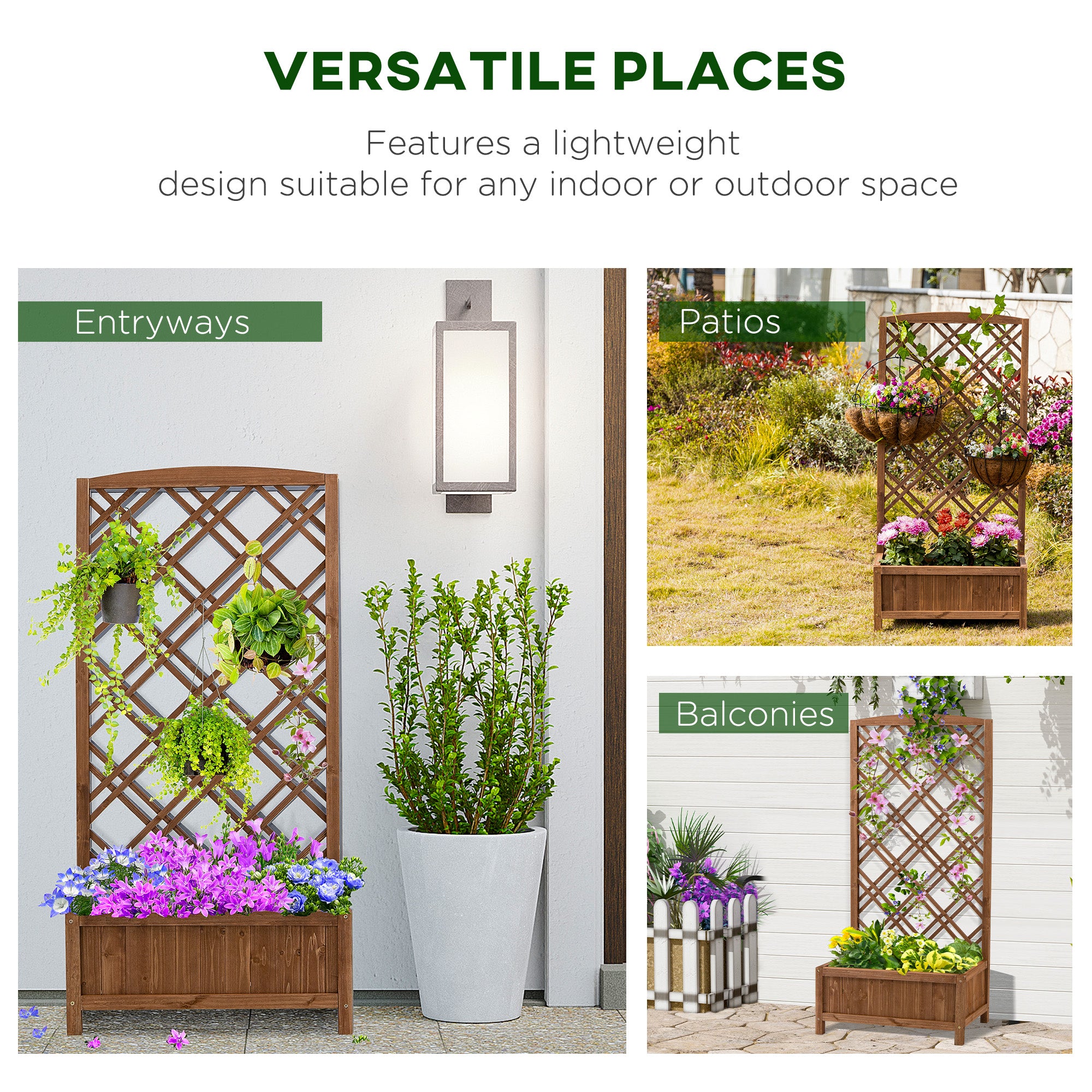 Outsunny Garden Planter with Trellis, Wooden Raised Bed for Garden with Lattice Trellis for Vegetables, Herbs and Flowers, Brown 