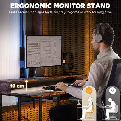 HOMCOM Computer Desk with LED Lights and Power Outlets, 120 x 55 cm Reversible Gaming Desk with Monitor Stand, Sliding Keyboard Tray and Storage Shelves for Home Office, Rustic Brown 
