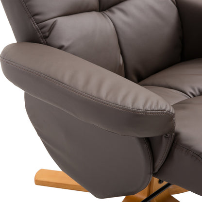 HOMCOM Recliner Armchair, Swivel Reclining Chair With Ottoman, Swivel Faux Leather Chair with Wooden Base and Storage Footstool for Living Room, Brown 