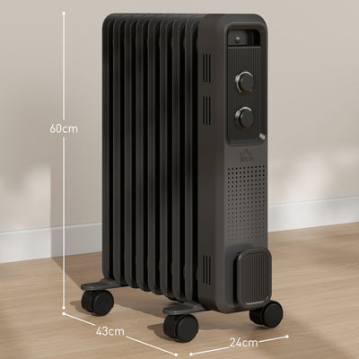 HOMCOM 2000W Oil Filled Radiator, 9 Fin, Portable Electric Heater with 3 Heat Settings, Safety Cut-Off and Wheels, Grey 